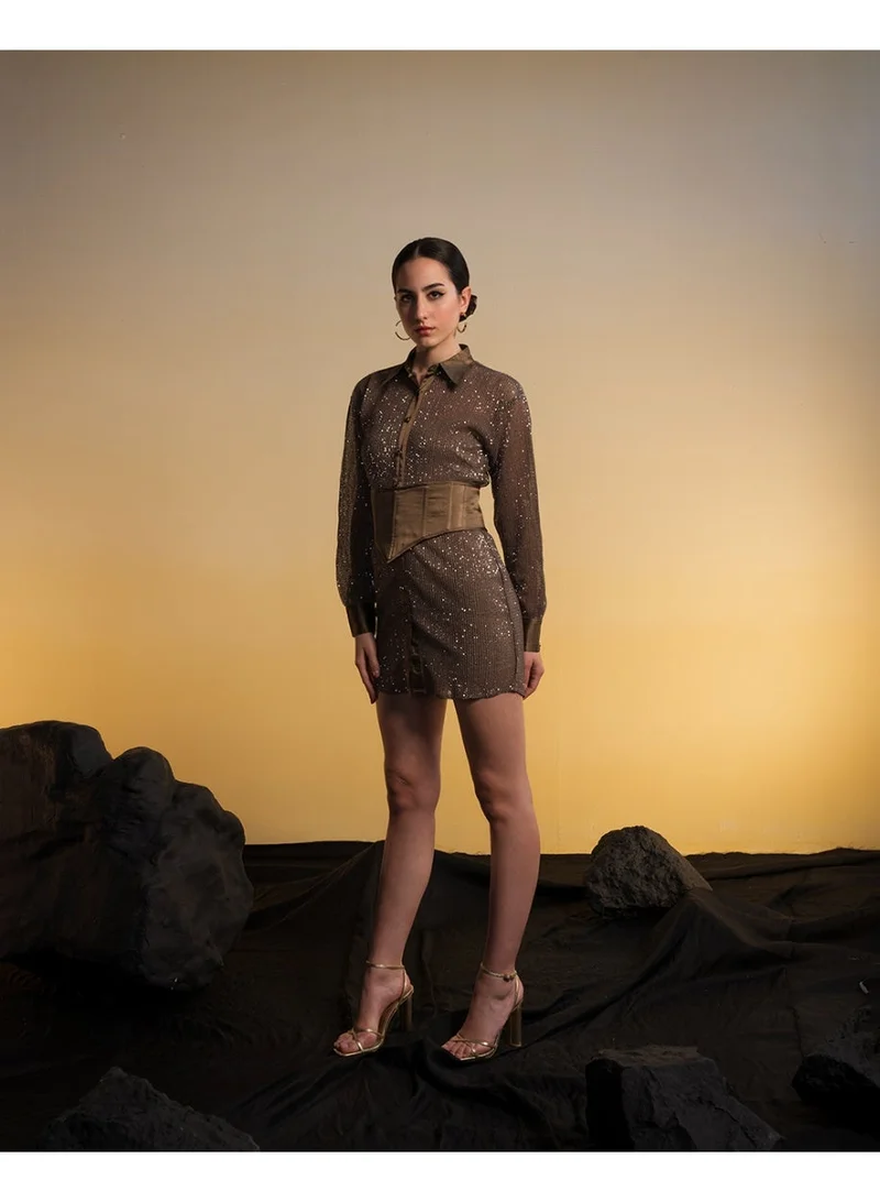 Ohsofly  Women’s Embroidered Shirt Dress with Customized Satin Belt, Sleek Fit and Sophisticated Appeal, High-Quality Finish and Modern Style for Casual Wear and Social Events for Women | Best Price UAE